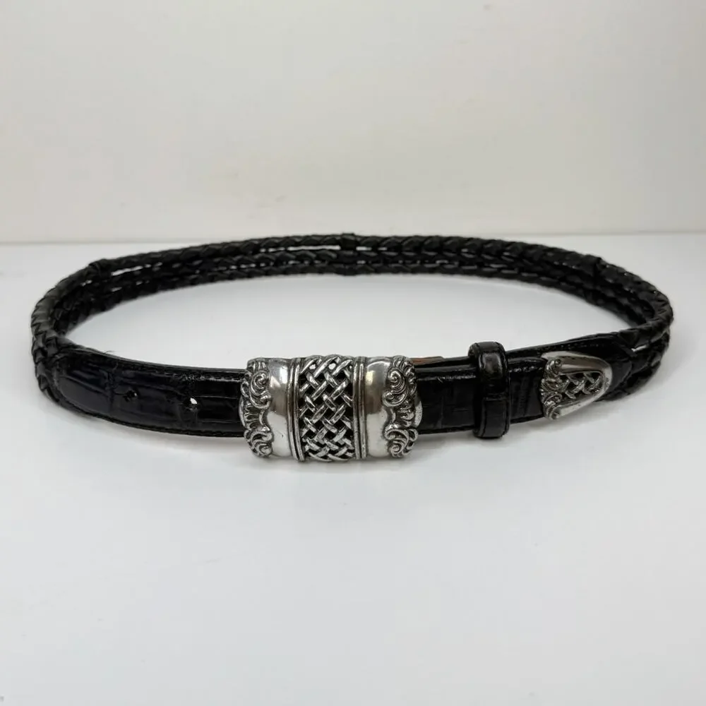 BRIGHTON Braided Woven Leather Belt Black Silver Square Buckle 90603 Womens Sz M